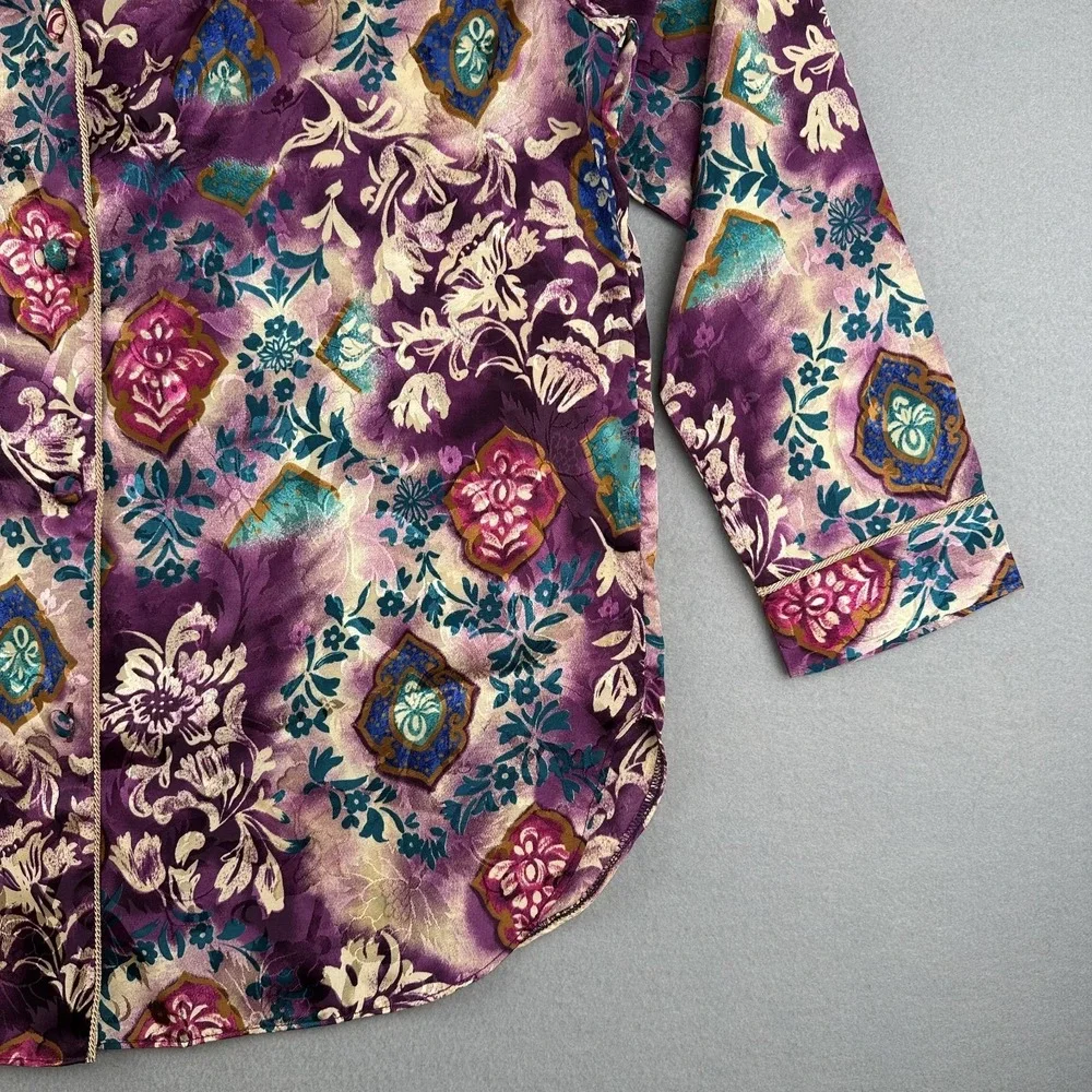 Kathryn Satin Floral Sleep Shirt Nightgown Button Green Blue Purple Size M